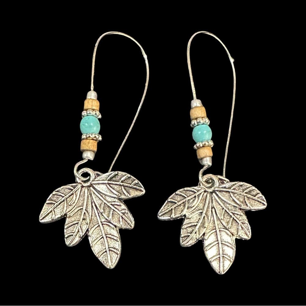 Boho Style Silver Leaf Dangle Earrings With Beaded Accents
